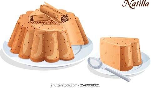 Colombian Natilla with Cinnamon Garnish and Slice on Separate Plate - Authentic Cuisine Detailed Illustration