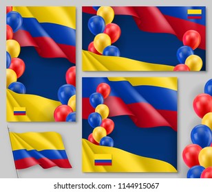 Colombian patriotic festive posters set. Realistic colombian flag and colorful balloons decoration on blue background. Independence and freedom vector layouts. Colombia country national celebration