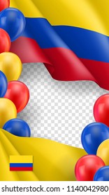 Colombian patriotic template with copy space. Realistic waving colombian flag and colorful helium balloons on transparent background. Independence and freedom, democracy and patriotism vector banner