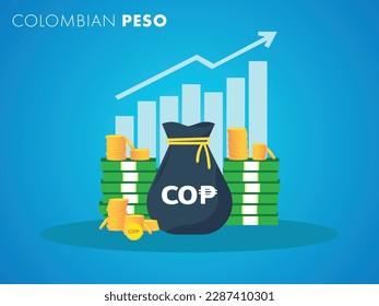 Colombian Peso currency growth to success concept. The money bag chart increases profit. Business growth concept. Vector illustration design