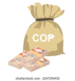 Colombian Peso Vector Illustration. Colombia, Venezuela money set bundle banknotes. Money bag 20 COP. Flat style. Isolated on white background. Simple minimal design.