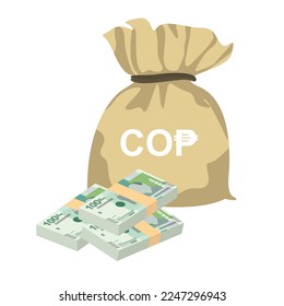 Colombian Peso Vector Illustration. Colombia, Venezuela money set bundle banknotes. Money bag 100 COP. Flat style. Isolated on white background. Simple minimal design.