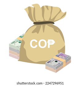 Colombian Peso Vector Illustration. Colombia, Venezuela money set bundle banknotes. Money bag 100, 50, 20, 10 COP. Flat style. Isolated on white background. Simple minimal design.