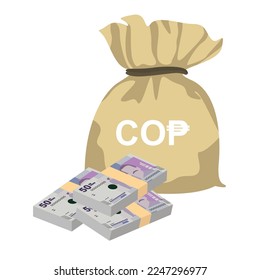 Colombian Peso Vector Illustration. Colombia, Venezuela money set bundle banknotes. Money bag 50 COP. Flat style. Isolated on white background. Simple minimal design.
