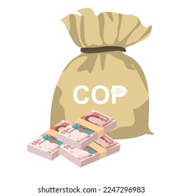 Colombian Peso Vector Illustration. Colombia, Venezuela money set bundle banknotes. Money bag 10 COP. Flat style. Isolated on white background. Simple minimal design.