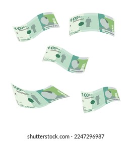 Colombian Peso Vector Illustration. Colombia, Venezuela money set bundle banknotes. Falling, flying money 100 COP. Flat style. Isolated on white background. Simple minimal design.