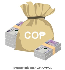 Colombian Peso Vector Illustration. Colombia, Venezuela money set bundle banknotes. Money bag 50 COP. Flat style. Isolated on white background. Simple minimal design.