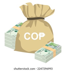 Colombian Peso Vector Illustration. Colombia, Venezuela money set bundle banknotes. Money bag 100 COP. Flat style. Isolated on white background. Simple minimal design.