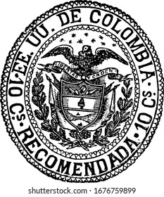 Colombian Republic Registration Stamp (10 centavos) from 1881, a small adhesive piece of paper stuck to something to show an amount of money paid, vintage line drawing or engraving illustration.