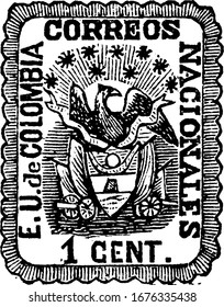 Colombian Republic Stamp (1 centavo) from 1865, a small adhesive piece of paper was stuck to something to show an amount of money paid, vintage line drawing or engraving illustration.