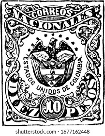Colombian Republic Stamp (10 pesos) from 1870-1876, a small adhesive piece of paper was stuck to something to show an amount of money paid, vintage line drawing or engraving illustration.