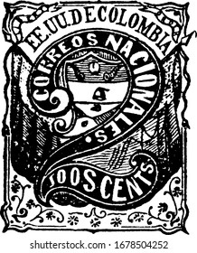 Colombian Republic Stamp (2 C) from 1871-1874, a small adhesive piece of paper was stuck to something to show an amount of money paid, vintage line drawing or engraving illustration.