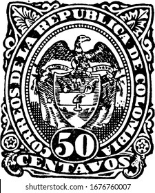 Colombian Republic Stamp (50 centavos) from 1888-1889, a small adhesive piece of paper was stuck to something to show an amount of money paid, vintage line drawing or engraving illustration.