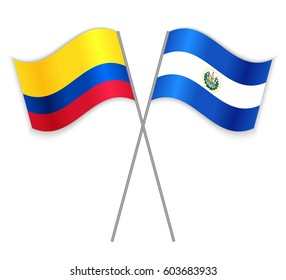 Colombian and Salvadoran crossed flags. Colombia combined with El Salvador isolated on white. Language learning, international business or travel concept.