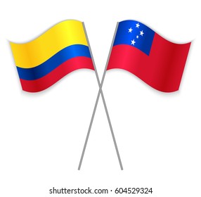 Colombian and Samoan crossed flags. Colombia combined with Samoa isolated on white. Language learning, international business or travel concept.