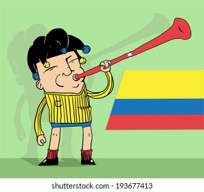 Colombian soccer fan blowing a vuvuzela horn with a jester hat in front of a flag