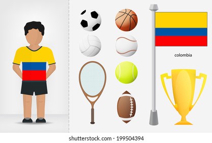 Colombian sportsman with sport equipment collection vector illustrations