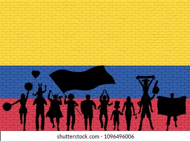 Colombian supporter silhouette in front of brick wall with Colombia flag. All the objects, silhouettes and the brick wall are in different layers. 