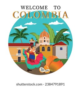 
A Colombian woman in a national costume and with a bowl of fruit on her head stands against the backdrop of the famous Colombian architecture. Republic of Colombia. Exotic fruits Advertising banner