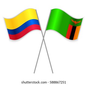 Colombian and Zambian crossed flags. Colombia combined with Zambia isolated on white. Language learning, international business or travel concept.