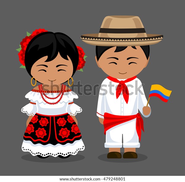 国旗のある国装のコロンビア人 伝統衣装を着た男女 コロンビアへ 人 ベクターフラットイラスト のベクター画像素材 ロイヤリティフリー