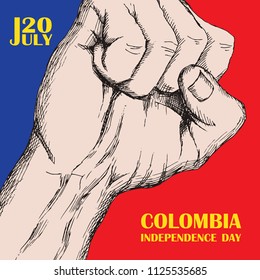 Colombia's independence day. July 20. National Patriotic holiday of liberation in Latin America. Hand drawing hatching. Background with Colombian tricolor. Vector image.