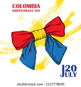 Colombia's independence day. July 20. National Patriotic holiday of liberation in Latin America. Hand drawing hatching. Background with Colombian tricolor. Vector image.