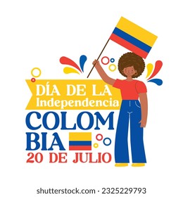 Colombia's independence day with woman with flag .vector illustration