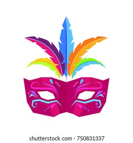 Colombina carnival mask decorated with colorful feathers flat vector icon isolated on white background. Masquerade clothing attribute illustration for costumed party or festival invitation design