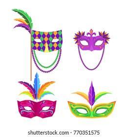 Colombina carnival mask decorated with colorful feathers flat vector icon isolated on white background. Masquerade clothing attribute illustration for costumed party or festival invitation design