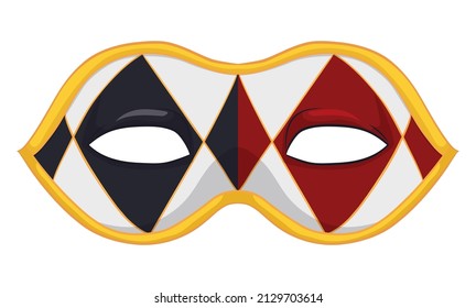 Colombina half-mask with harlequin design: decorated with black, red and golden rhombus for Venice's Carnival. Isolated design in cartoon style.