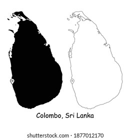 Colombo, Sri Lanka. Detailed Country Map with Location Pin on Capital City. Black silhouette and outline maps isolated on white background. EPS Vector