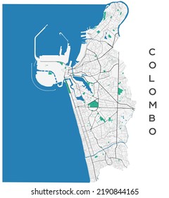 Colombo vector map. Detailed map of Colombo city administrative area. Cityscape panorama. Royalty free vector illustration. Road map with highways, rivers.