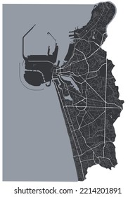 Colombo vector map. Detailed vector map of Colombo city administrative area. Cityscape poster metropolitan aria view. Black land with white roads and avenues. White background.