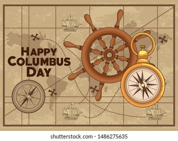 colombus columbus day card with antique navigation tools cartoons, america discovery celebration, travel and history. vector illustration graphic design