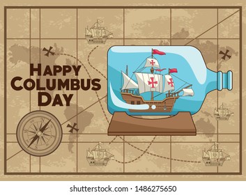 colombus columbus day card with antique navigation tools cartoons, america discovery celebration, travel and history. vector illustration graphic design