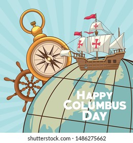 colombus columbus day card with antique navigation tools cartoons, america discovery celebration, travel and history. vector illustration graphic design