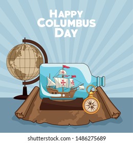 colombus columbus day card with antique navigation tools cartoons, america discovery celebration, travel and history. vector illustration graphic design