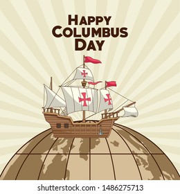 colombus columbus day card with antique navigation tools cartoons, america discovery celebration, travel and history. vector illustration graphic design