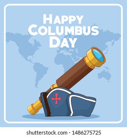 colombus columbus day card with antique navigation tools cartoons, america discovery celebration, travel and history. vector illustration graphic design