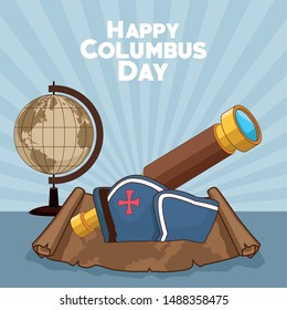colombus columbus day card with antique navigation tools cartoons, america discovery celebration, travel and history. vector illustration graphic design