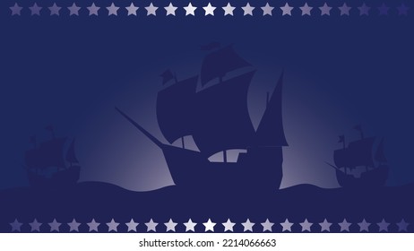 Colombus Day Flat Background with Sihouette of ship, paralel stars on the top and bottom edges and copy space area. Suitable to Place on Content with that theme.