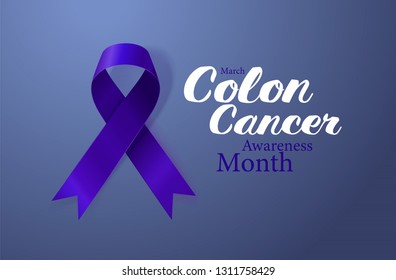 Colon Cancer Awareness Calligraphy Poster Design. Realistic Dark Blue Ribbon. March is Cancer Awareness Month. Vector