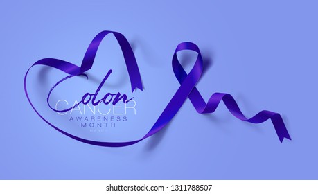 Colon Cancer Awareness Calligraphy Poster Design. Realistic Dark Blue Ribbon. March Is Cancer Awareness Month. Vector