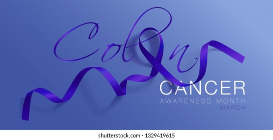 Colon Cancer Awareness Calligraphy Poster Design. Realistic Dark Blue Ribbon. March Is Cancer Awareness Month. Vector