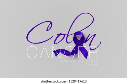Colon Cancer Awareness Calligraphy Poster Design. Realistic Dark Blue Ribbon. March is Cancer Awareness Month. Vector