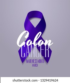Colon Cancer Awareness Calligraphy Poster Design. Realistic Dark Blue Ribbon. March is Cancer Awareness Month. Vector