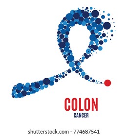 Colon cancer awareness poster. Blue ribbon made of dots on white background. Medical concept. Vector illustration.