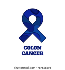 Colon cancer awareness poster. Blue ribbon made in 3D paper cut and craft style on white background. Medical concept. Vector illustration.