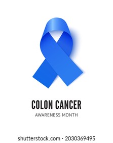 Colon cancer awareness ribbon vector illustration isolated on white background. Realistic vector blue silk ribbon with loop